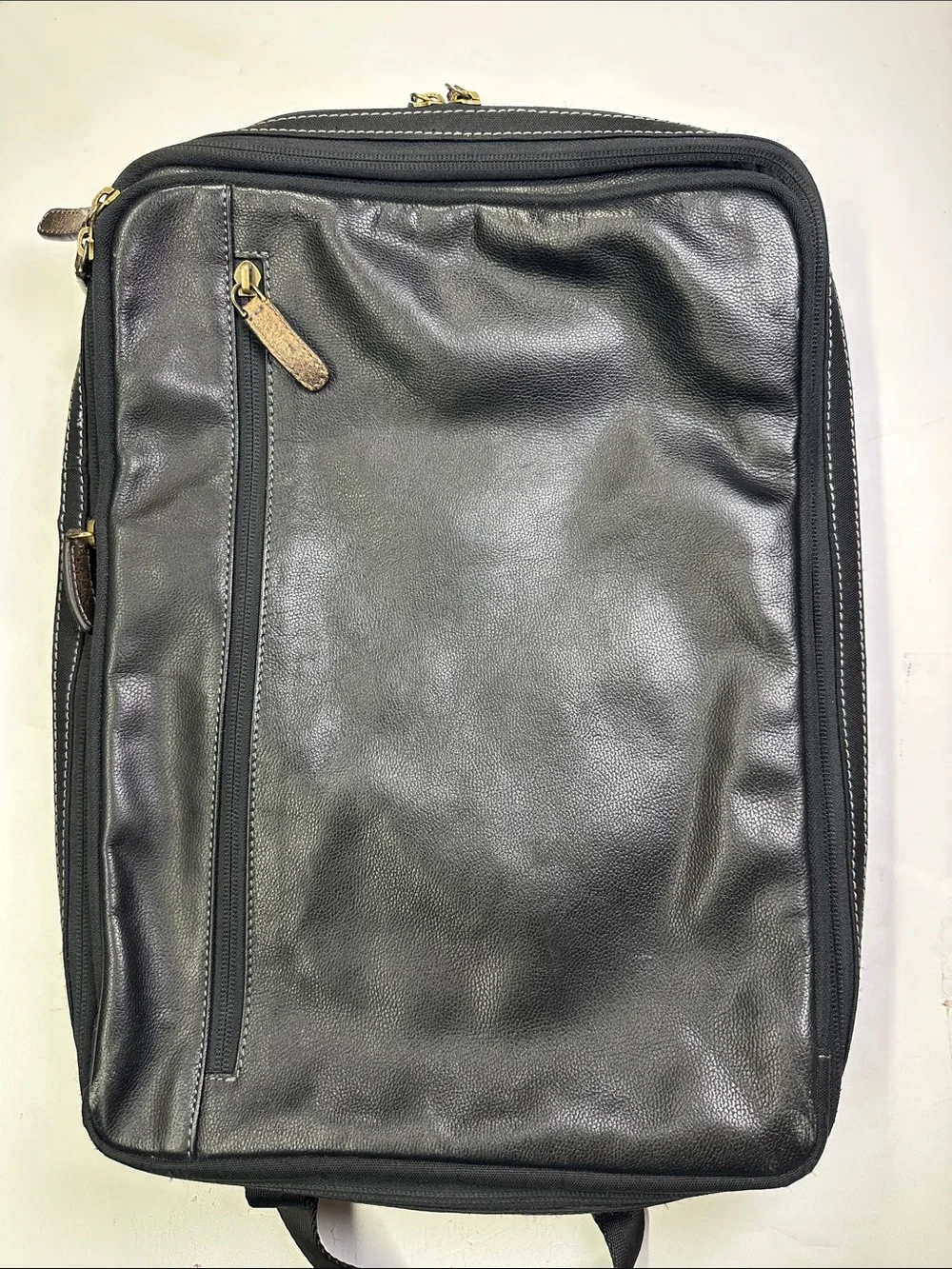 Boconi Black Leather City Backpack, Laptop Case, Travel Bag, Zippered Storage